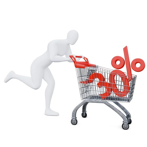 3D İnsan İndirimli Alışveriş Arabası 'nı enerjik bir şekilde zorluyor. 3d Alışveriş Konsepti.