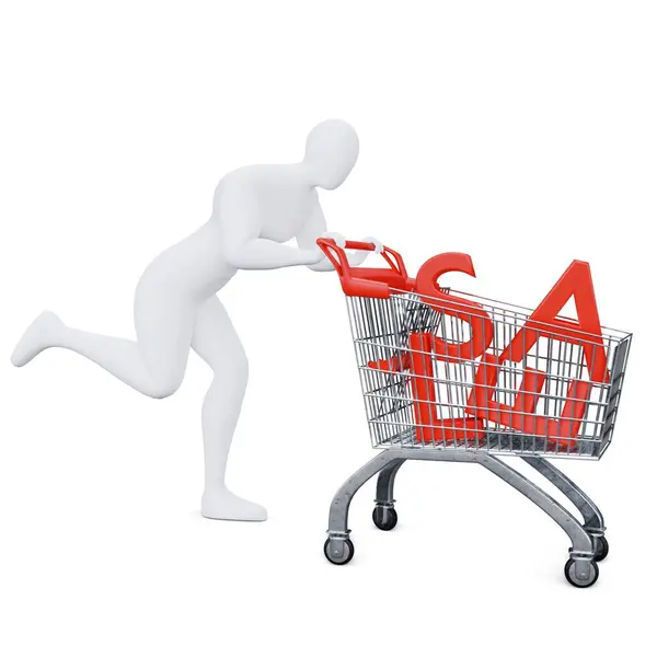 3D İnsan, Alış-veriş arabasını enerjik bir şekilde zorluyor. 3d Alışveriş Konsepti.