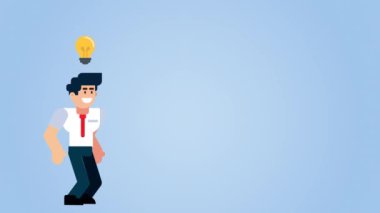 Neşeli bir iş adamının parlak bir fikri kutlama videosu. Kafasının üstünde parlayan bir ampul beliriyor ve minimalist mavi arka plana sevinçle zıplıyor. Yaratıcılık, başarı veya yenilik gibi kavramlar için mükemmel.