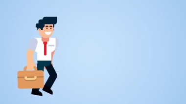 Canlandırılmış iş adamı açık mavi arka planda bavulla yürüyor