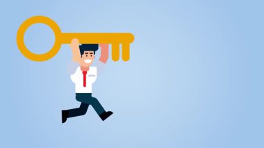 Bir Çizgi Film Animasyonunda Büyük Altın Anahtarla Çalışan İşadamı