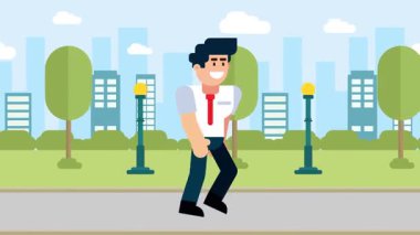 Neşeli İşadamı Şehir Arkaplanıyla Park 'ta Yürüyor