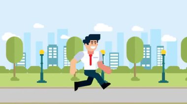 Şehir silueti geçmişi olan bir parkta koşan animasyon işadamı