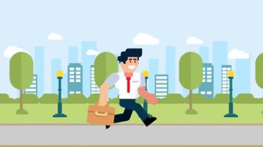 Canlandırılmış iş adamı, parkın arka planında bir bavulla koşuyor.