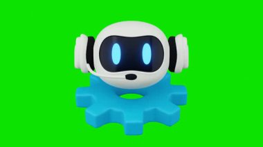 3D kulaklıklı yapay zeka robotu Mavi Gear Fütürist Animasyonunda Dönüyor