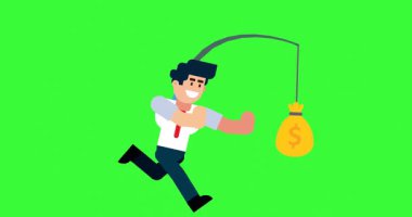 Yeşil Ekran Arkaplanında Para Çantası Peşindeki İşadamı Canlandırılmış Finansal Kavram