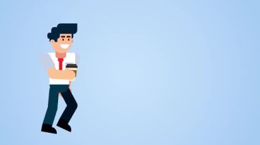 Animasyon İşadamı Mavi Arkaplanda Kahveyle Yürüyor