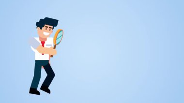 İş Adamı Mavi Arkaplan Çizgi Filminde Büyüteçle Yürüyor