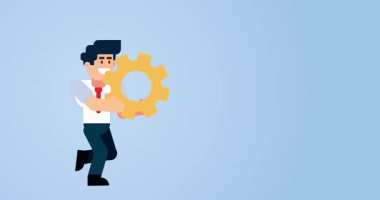 Takım çalışması ve üretkenlik konsepti için mavi arka planda çalışan işadamı