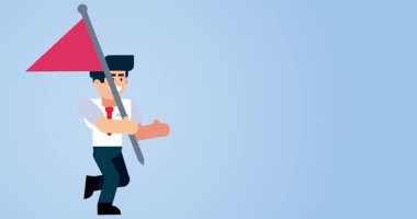 Mavi arka planda kırmızı bayrak taşıyan animasyon işadamı liderlik ve motivasyon taşıyor.