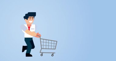 Mavi Arkaplanda Alışveriş Aracı ile Koşan İşadamı Hızlı ve Tüketici Davranışları Konsepti