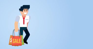 İş adamı mavi arka planda alışveriş çantalarıyla yürüyor