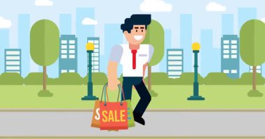 İş adamı alışveriş çantalarıyla şehir parkında yürüyor.