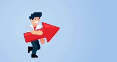 Mavi zemin üzerinde büyük kırmızı okla çalışan işadamı başarı ilerlemesini ve ileri hareketi temsil ediyor