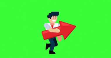 Yeşil ekran arkaplanında büyük kırmızı okla çalışan işadamı başarı ilerlemesini ve ileriyi temsil ediyor