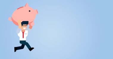 Tasarruf finansal büyüme yatırımları ve başarı kavramı üzerine büyük bir kumbarayla çalışan bir işadamı