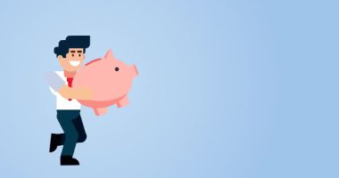 Mavi arka planda domuz kumbarası işleten bir işadamı, mali büyüme ve yatırımdan tasarruf etmeyi temsil ediyor.