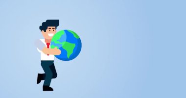 Küresel Sorumluluk ve Dünya çapındaki İş Konseptlerini Temsilen Mavi Arkaplandaki Küresel Küreyle Çalışan İşadamı