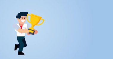 Mavi Arkaplanda Ödül Koşan İşadamı Çizgi Film Biçiminde Başarı ve Başarı Kutlaması