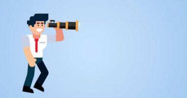 Mavi arka planda teleskopla yürüyen animasyon işadamı vizyon stratejisini ve gelecek planlamasını temsil ediyor