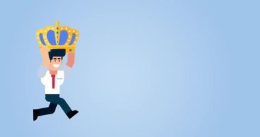 Başarılı liderlik ve başarıyı temsil eden kendine güvenen işadamı mavi arka planda taç takıyor.