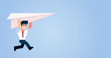 Yeşil ekran arka planında büyük kağıt uçak kullanan işadamı hız yaratıcılığını ve iş yeniliğini sembolize ediyor