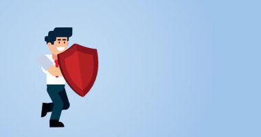 Mavi arka planda kırmızı kalkanla çalışan işadamı koruma ve güvenlik kavramını temsil ediyor