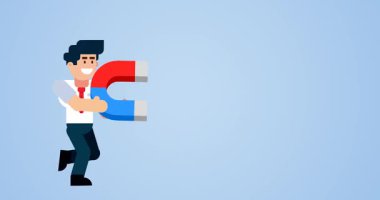 Mavi Arkaplanda Dev Mıknatıs Koşan İşadamı Pazarlama Stratejisi ve Müşteri Çekim Konsepti Temsilcisi