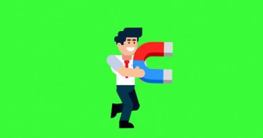 Pazarlama ve Müşteri Çekim Canlandırması Kullanımı için Yeşil Ekran Arkaplanında Dev Mıknatısla Çalışan İşadamı