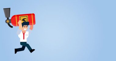 Elinde yangın söndürücüyle çalışan bir iş adamı mavi arka plan animasyon konseptine karşı.