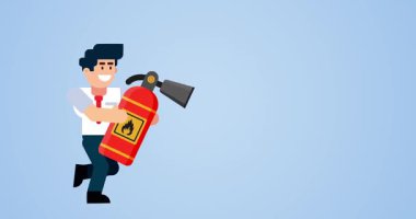 İşadamı mavi arka planda yangın söndürücüyle koşuyor. Acil durum güvenlik kavramı.