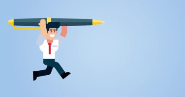 İşadamı Mavi Arkaplanda Büyük Kalemle Animasyon Biçiminde Çalışıyor