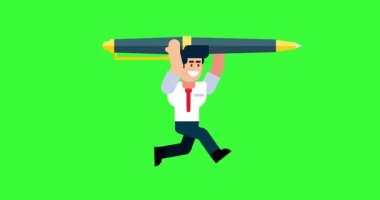 Yeşil Ekran Arkaplanında Büyük Kalemle Çalışan İşadamı Canlandırma Biçimi