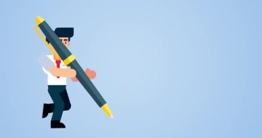 Mavi arka planda dev bir kalemle çalışan işadamı yaratıcılığı ve hızlı çalışma ortamını temsil ediyor