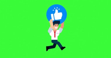Sosyal medya ve pazarlama kullanımı için yeşil ekran arkaplanındaki simge gibi parmakla çalışan animasyon işadamı