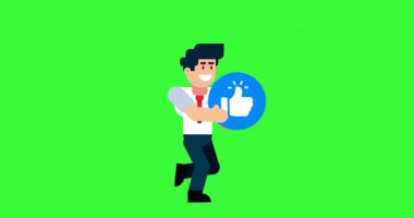 Çevrimiçi içerik ve pazarlama animasyonu kullanımı için yeşil ekran arkaplanındaki simge gibi sosyal medya ile çalışan işadamı
