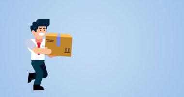 İş adamı mavi arkaplan animasyonunda karton bir kutuyla çalışıyor
