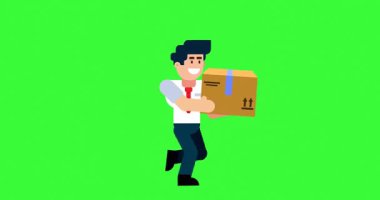 Yeşil ekran arkaplan animasyonunda karton kutuyla çalışan bir işadamı
