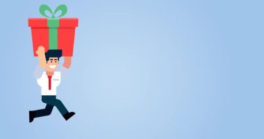 İş Adamı Mavi Arkaplanda Çizgi Film Biçiminde Hediye Kutusuyla Çalışıyor