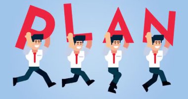 Plan metninde mavi arkaplan üzerinde çalışan animasyon işadamları strateji ve takım çalışmasını sembolize ediyor