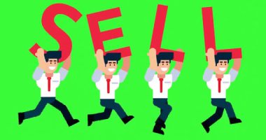 Finans ve pazarlama video kullanımı için yeşil ekran arkaplan üzerinde metin satan animasyon işadamları