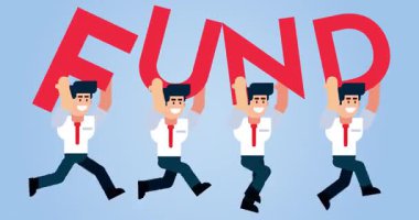 Finans ve yatırım kavramını temsil eden mavi arkaplan üzerine FUND metni kullanan animasyon işadamları