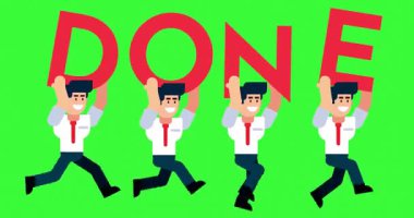 Yeşil ekran arkaplanı üzerinde işlem görmüş iş adamı görev tamamlamayı ve düzenlenebilir iş animasyonunu sembolize ediyor