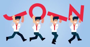 Animasyon İşadamları Mavi Arkaplan Üzerine Metin Kavramına Katılın