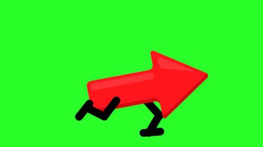 Yeşil arka planda çizgi film bacakları olan kırmızı bir 3D ok. İlerlemenin sembolü, hızlı hareket, büyüme, yön, hedef başarı ve kararlılık. İş, eğitim ve yaratıcı konsept temaları için mükemmel.