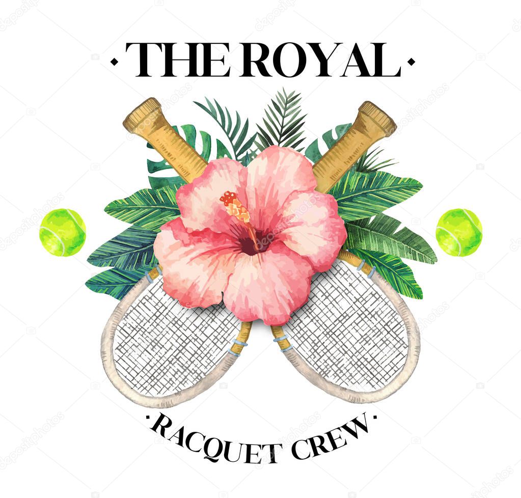 Watercolor racquet for tennis club, fashion illustration hand-drawn and isolated on a white background