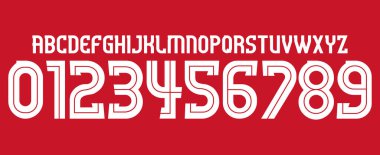 font vektör takımı 2014-2015 kit spor yazı tipi. İçinde çizgiler olan futbol tarzı yazı tipi. Liverpool ev yazı tipi İngiltere takımları. Birinci lig. Futbol takımı için spor stili harfler ve numaralar