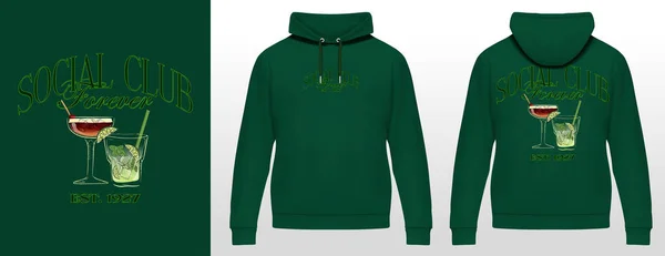 Logo sloganı yaz grafiği, kokteylli retro, sosyal kulüp mesajı. Sonsuza dek, sosyal kulüp SS23 tenis arması spor, yeşil kapüşonlu moda