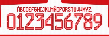 yazı tipi vektör takımı 2023 - 2024 kit spor tarzı. Çizgileri olan futbol tarzı yazı tipi. Bayern yazı tipi. Kırmızı yazı tipi. Futbol takımı için spor stili harfler ve numaralar