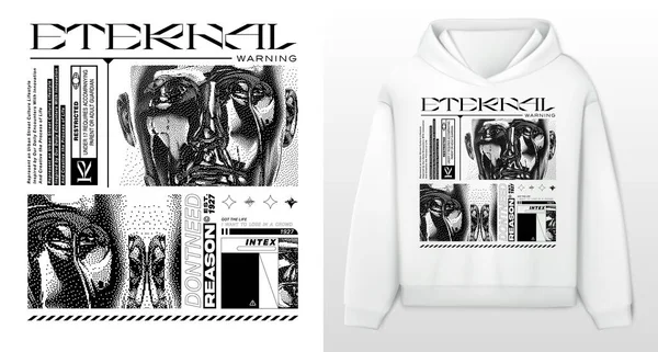 Kentsel ve fütüristik sanat tasarımı. Resimli 8 bit, beyaz kapüşonlu ve şablonlu bir heykel. Siyah ve beyaz olarak minimalist yazı tipleri.